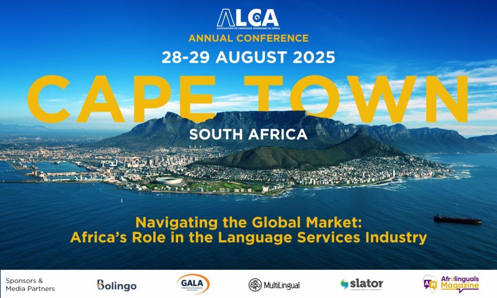 Cape Town aerial view with ALCA Annual Conference 2025 branding and theme highlighting Africa’s role in the language services industry.