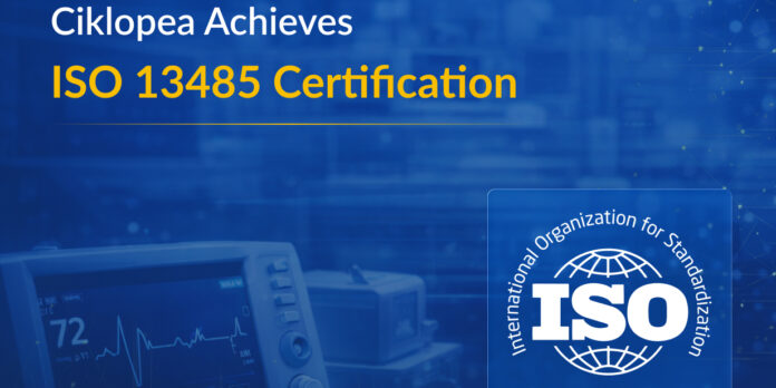 ISO 13485 Certification with an official label and opaque medical equipment in the background