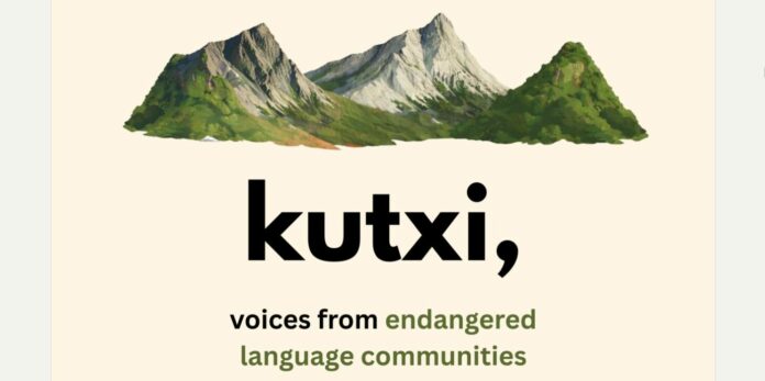 Kutxi Endangered Languages Podcast Kutxi, voices from endangered language communities podcast cover with a mountain range background