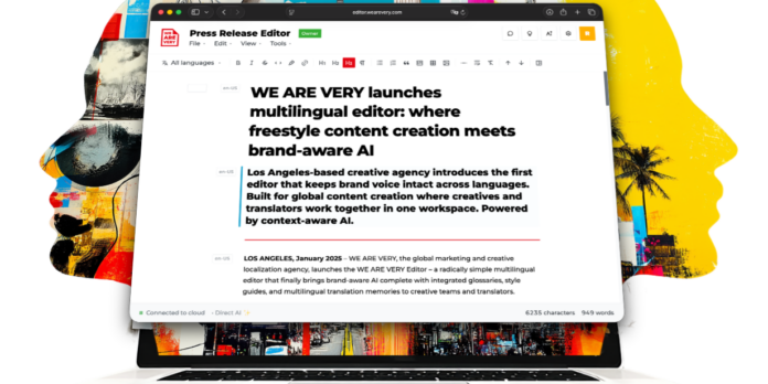 WE ARE VERY's multilingual editor announcement shown on a computer screen