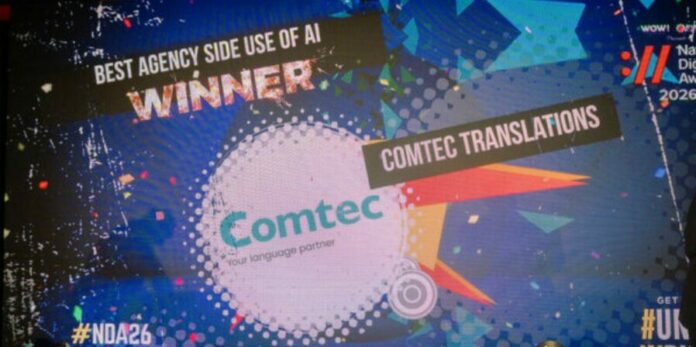 Comtec Translations Wins Best Agency Use of AI at the National Digital Awards Comtec Translations as the winner of best use of AI banner