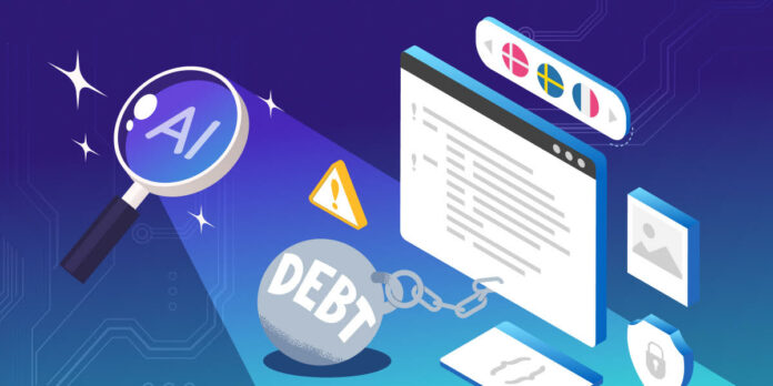 a magnifying glass, representing AI, illuminates a ball and chain, depicting debt, attached to a computer